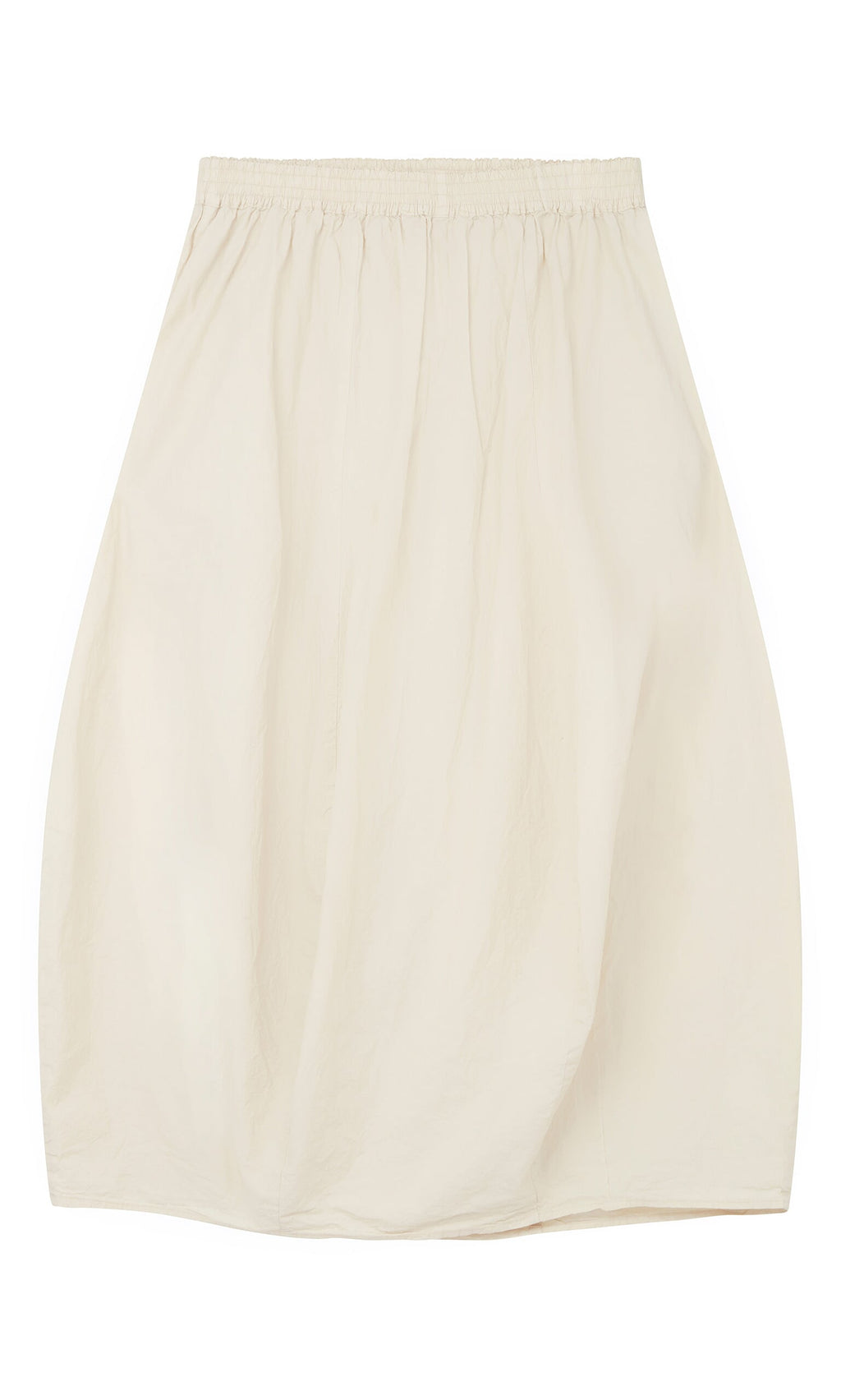 Plümo- The Edina Skirt is a beige, knee-length cotton poplin piece with an elastic waist and ballooned, egg-shaped silhouette.