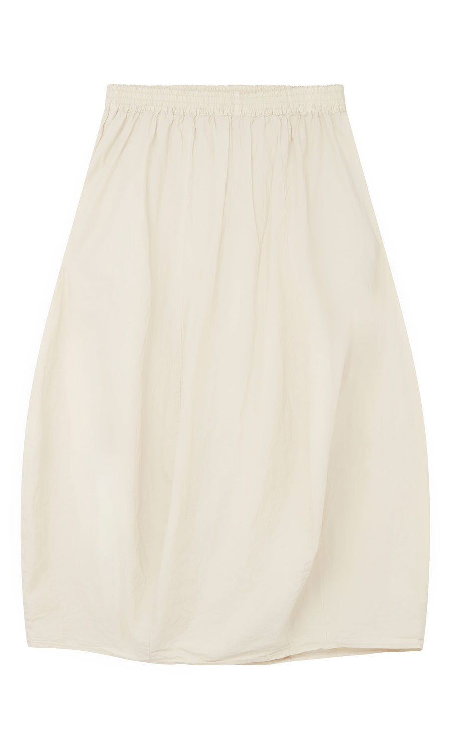 Plümo- The Edina Skirt is a beige, knee-length cotton poplin piece with an elastic waist and ballooned, egg-shaped silhouette.