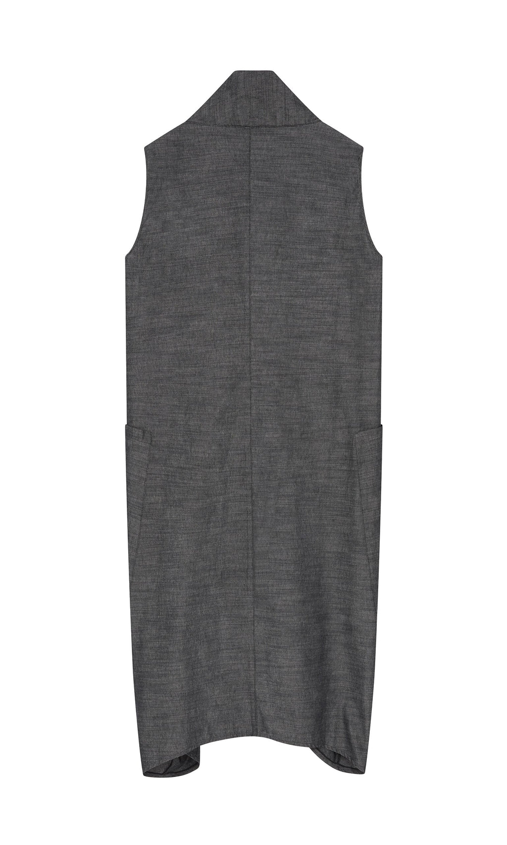 Plümo- The Emi Dress is a sleeveless graphite denim vest with a long, straight cut and two side pockets, shown from the back.