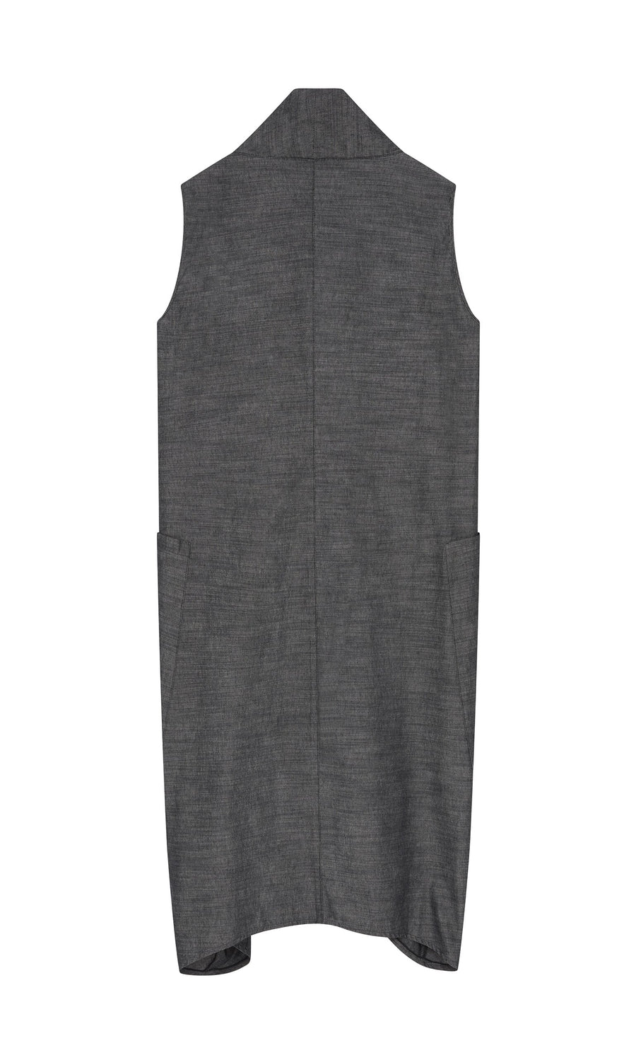 Plümo- The Emi Dress is a sleeveless graphite denim vest with a long, straight cut and two side pockets, shown from the back.