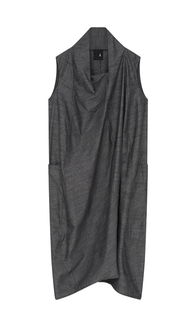 Plümo- Emi Dress: Sleeveless graphite denim dress with asymmetric neckline, draped folds, and side pockets.