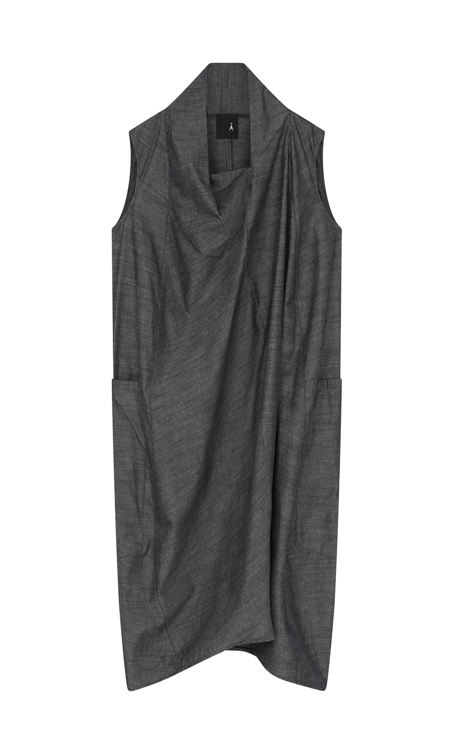 Plümo- Emi Dress: Sleeveless graphite denim dress with asymmetric neckline, draped folds, and side pockets.