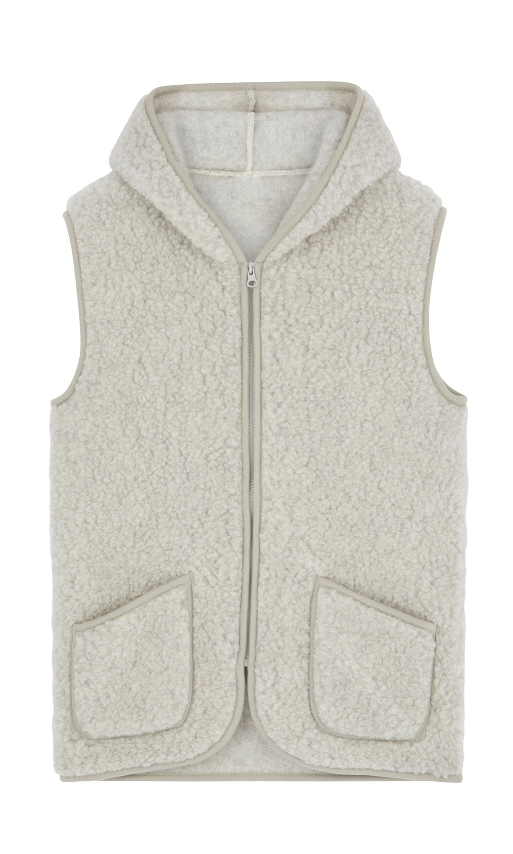 Plümo- Light grey, sleeveless Irish wool gilet with hood, front zipper, and two pockets, laid flat on a white background.