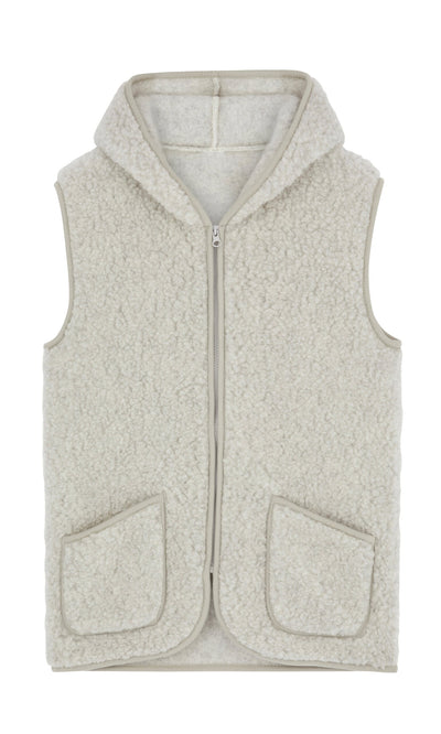 Plümo- Light grey, sleeveless Irish wool gilet with hood, front zipper, and two pockets, laid flat on a white background.