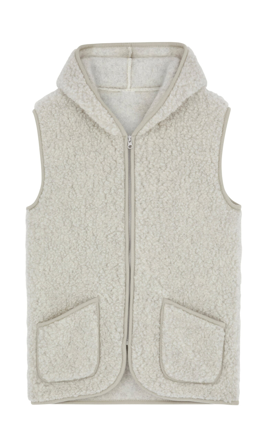 Plümo- Light grey, sleeveless Irish wool gilet with hood, front zipper, and two pockets, laid flat on a white background.