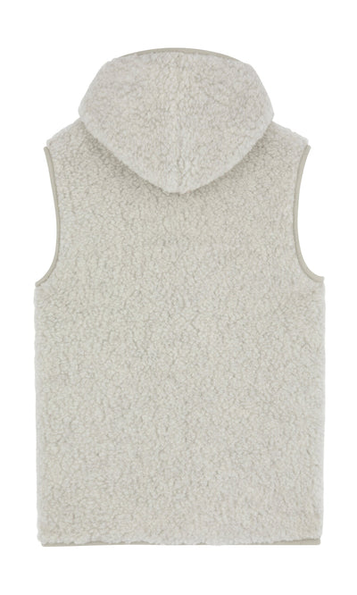 Plümo- Back view of a sleeveless, hooded Wool Gilet - Light Grey with a soft, textured surface inspired by Irish wool fleece.