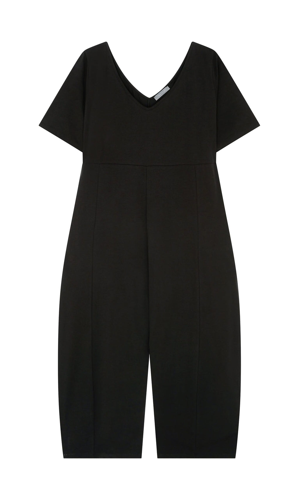 Plümo- The Fenzi Jumpsuit is a black short-sleeve V-neck with wide legs, shown flat on white for a chic look.
