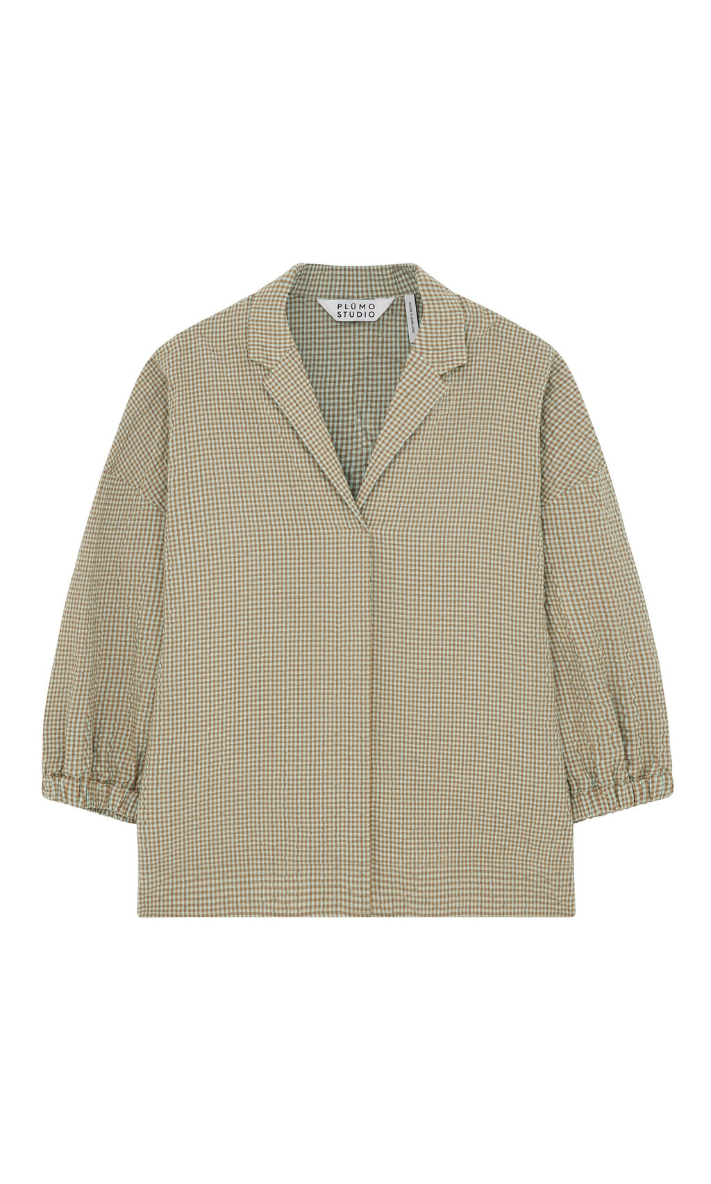Plümo- Fern Blouse: Beige and green cotton seersucker with wide collar, V-neck, boxy fit. Made in London.