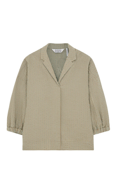 Plümo- Fern Blouse: Beige and green cotton seersucker with wide collar, V-neck, boxy fit. Made in London.