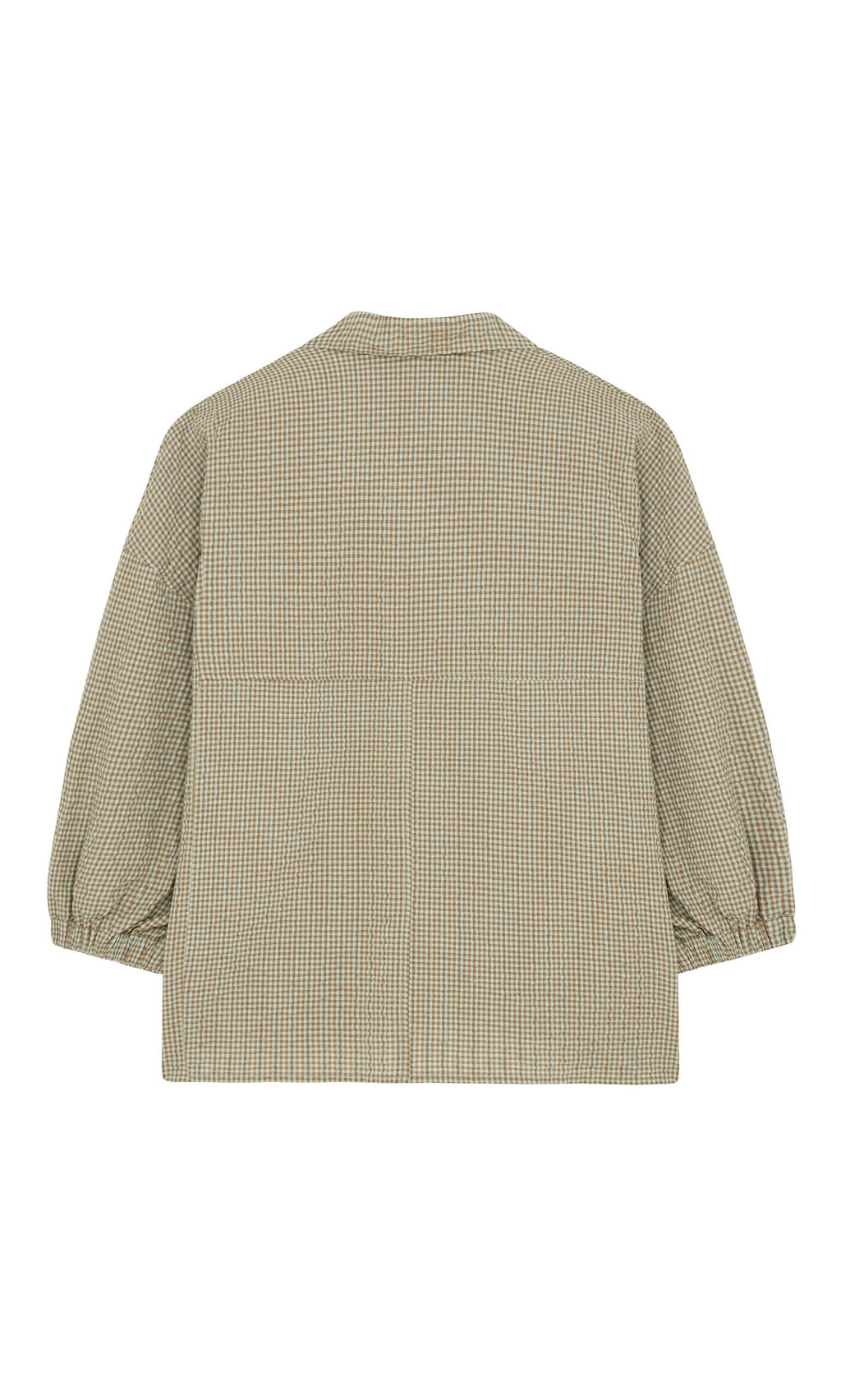 Plümo- Back view of the Fern Blouse—a boxy, relaxed-fit cotton seersucker shirt with beige and green checks and cuffed sleeves.