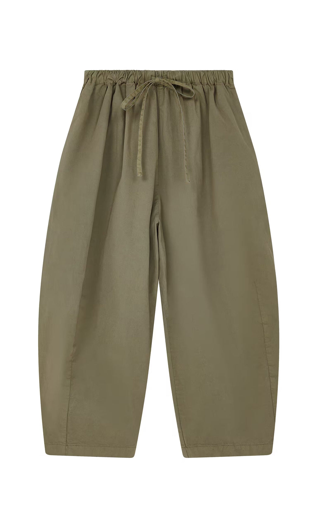 Plümo- Findlay Pants: Olive green handcrafted cotton, garment-dyed, wide-leg, with elastic waistband and drawstring.