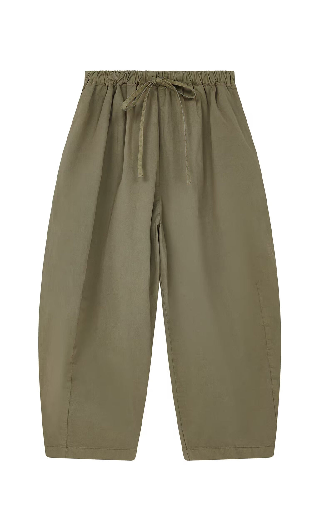 Plümo- Findlay Pants - Seconds: wide-leg olive green cotton pants with a drawstring waist, shown on a white background.