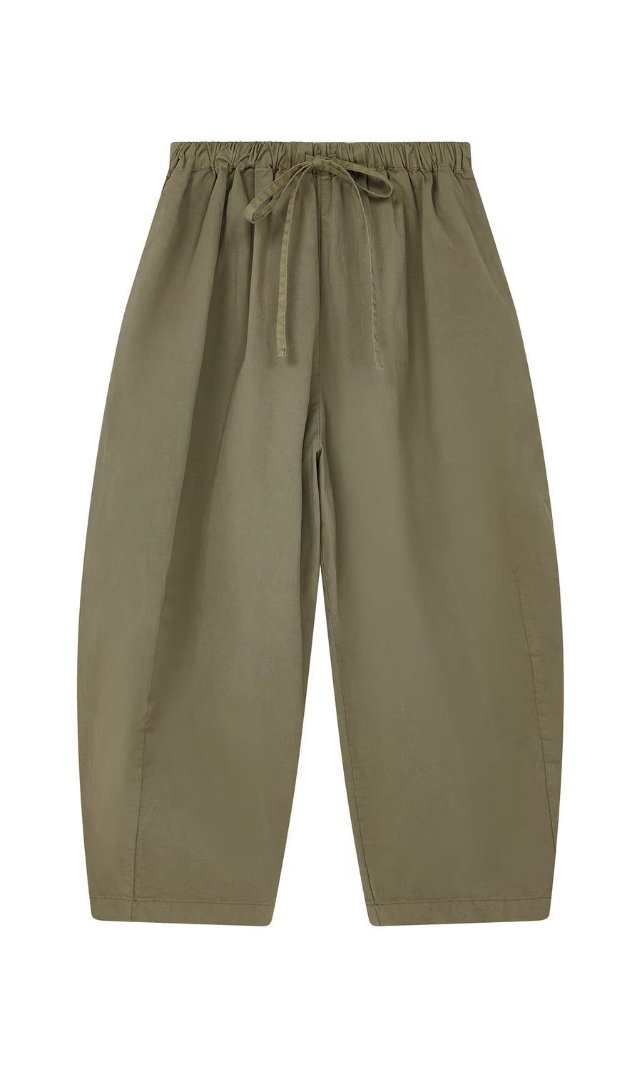 Plümo- Findlay Pants - Seconds: wide-leg olive green cotton pants with a drawstring waist, shown on a white background.