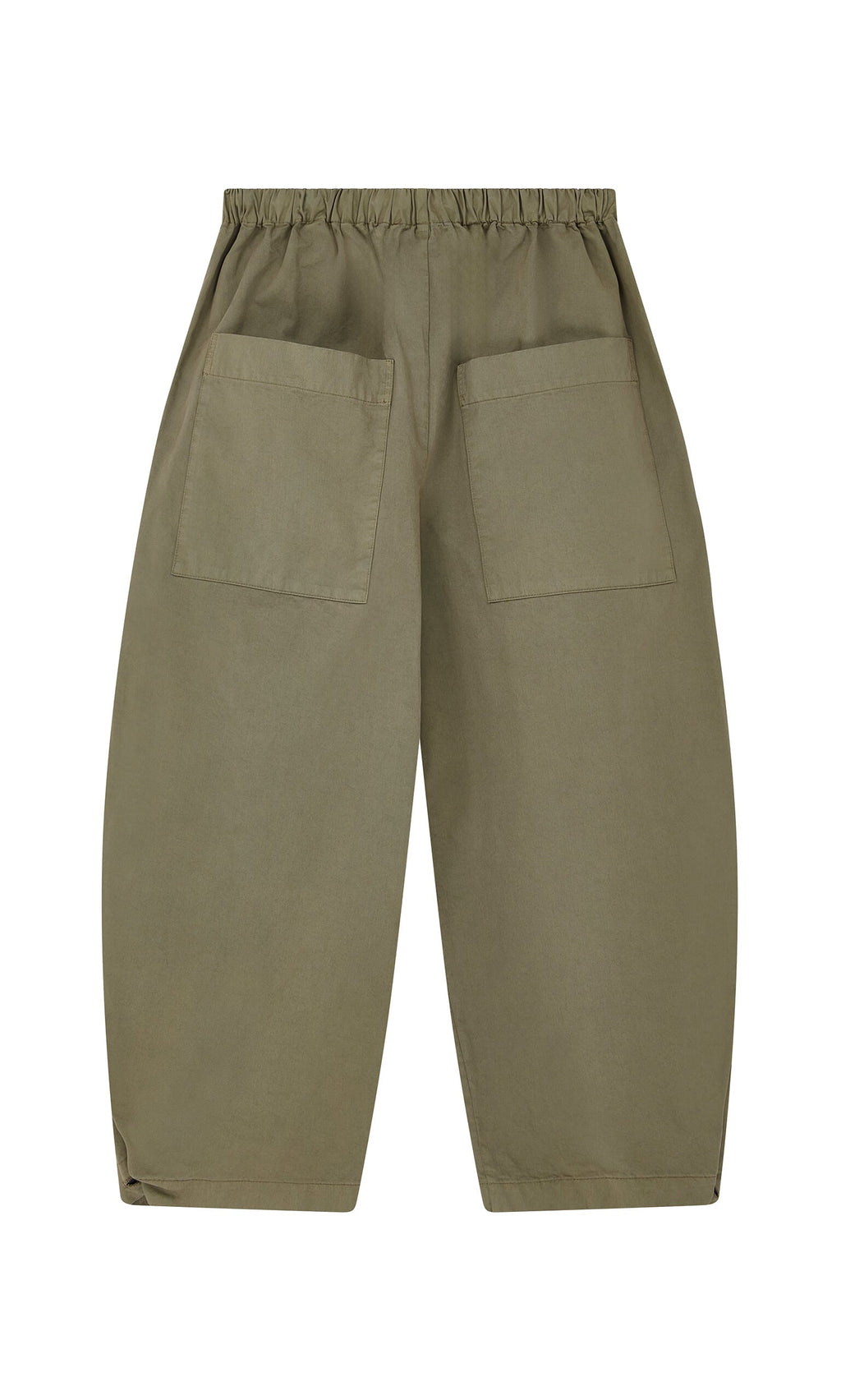 Plümo- Findlay Pants in garment-dyed olive green cotton with elastic waistband and two large back pockets, shown on white.
