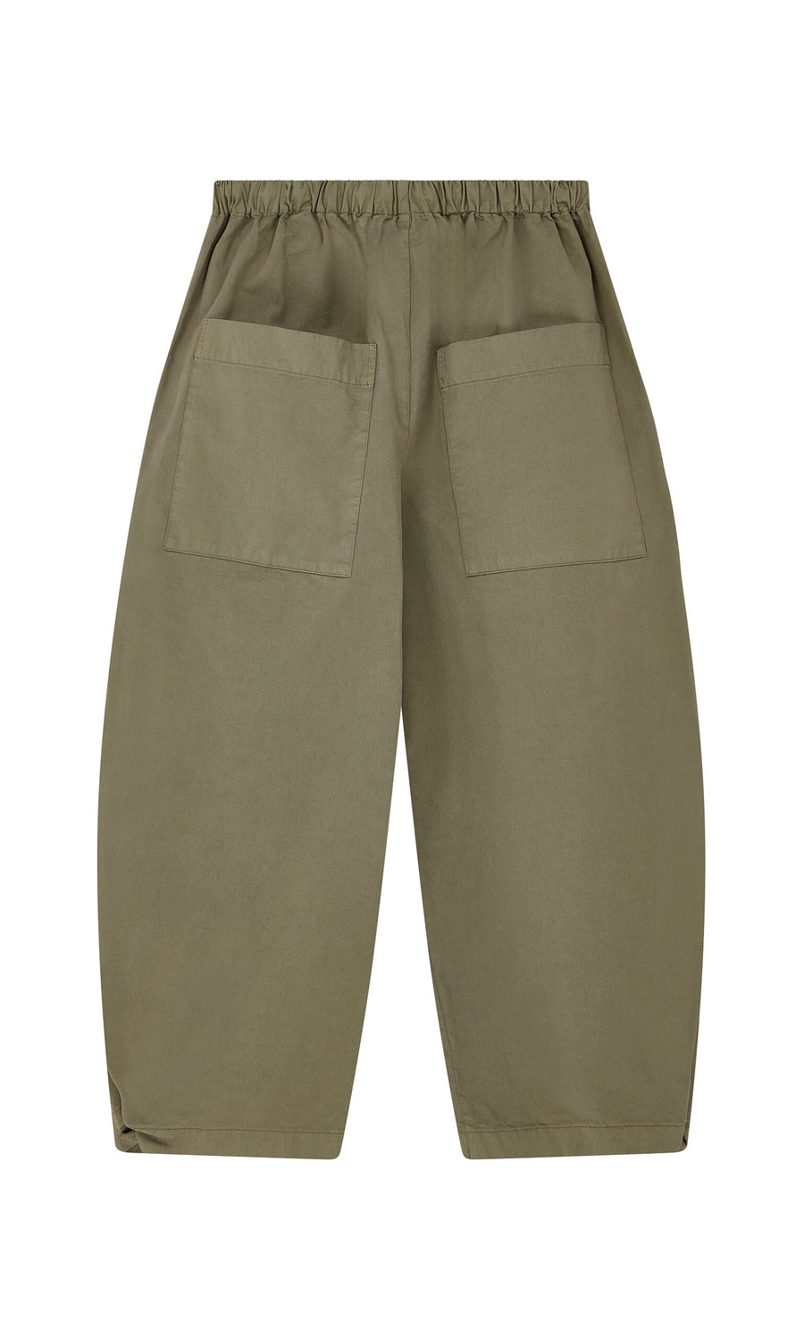 Plümo- Findlay Pants in garment-dyed olive green cotton with elastic waistband and two large back pockets, shown on white.