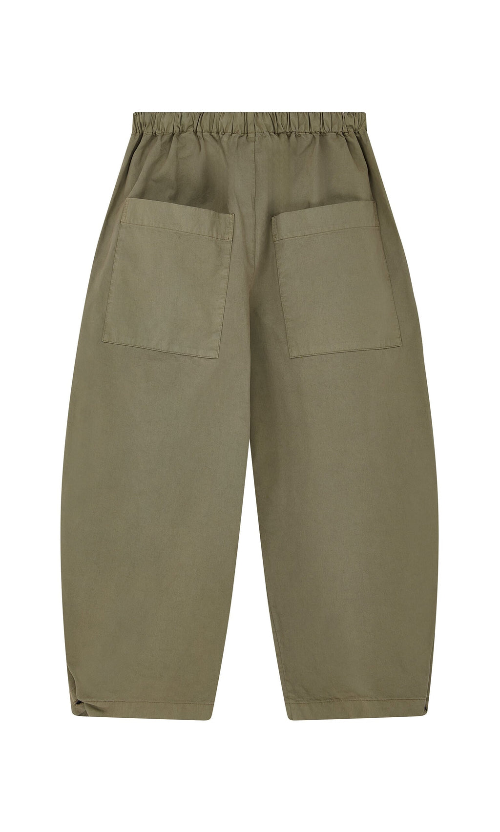 Plümo- Findlay Pants - Seconds in olive green cotton with a drawstring waist, wide legs, and two large back pockets.