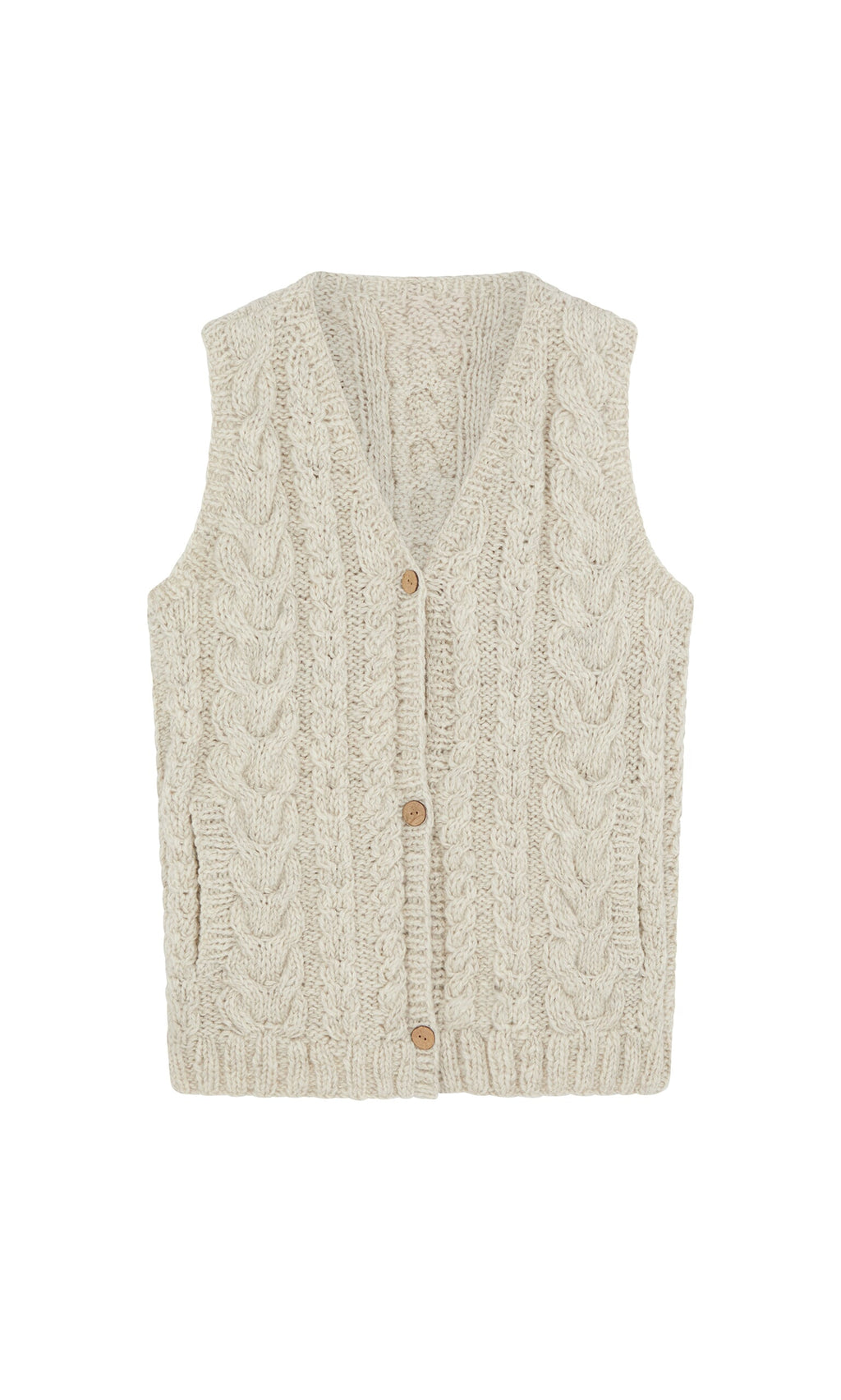 Plümo- The Finstock Waistcoat is a cream Fairtrade, handknitted cable-knit vest with a V-neck and three wooden buttons.