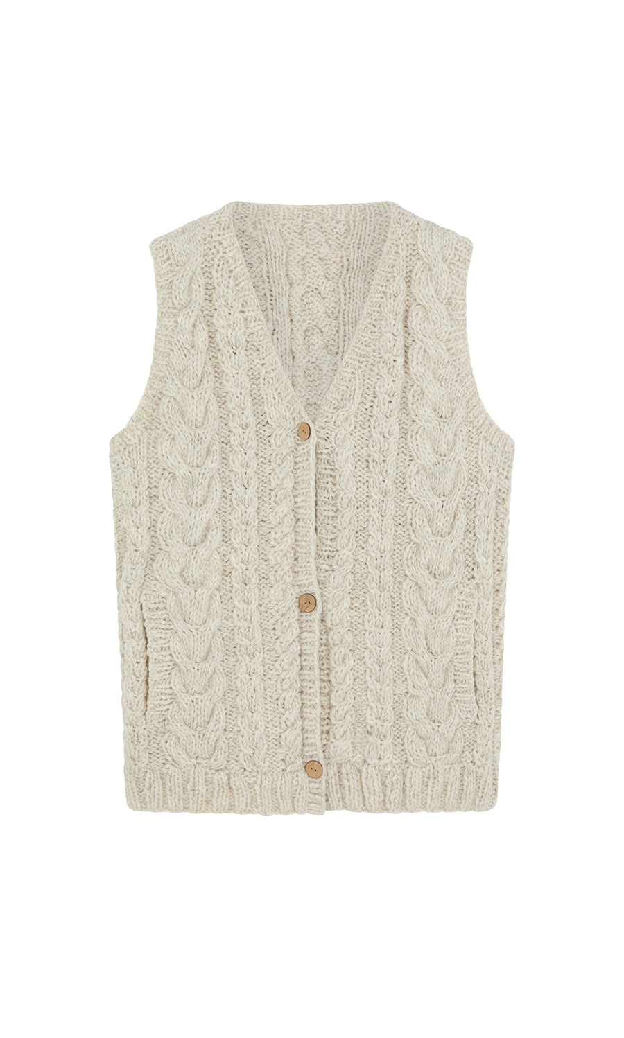 Plümo- The Finstock Waistcoat is a cream Fairtrade, handknitted cable-knit vest with a V-neck and three wooden buttons.