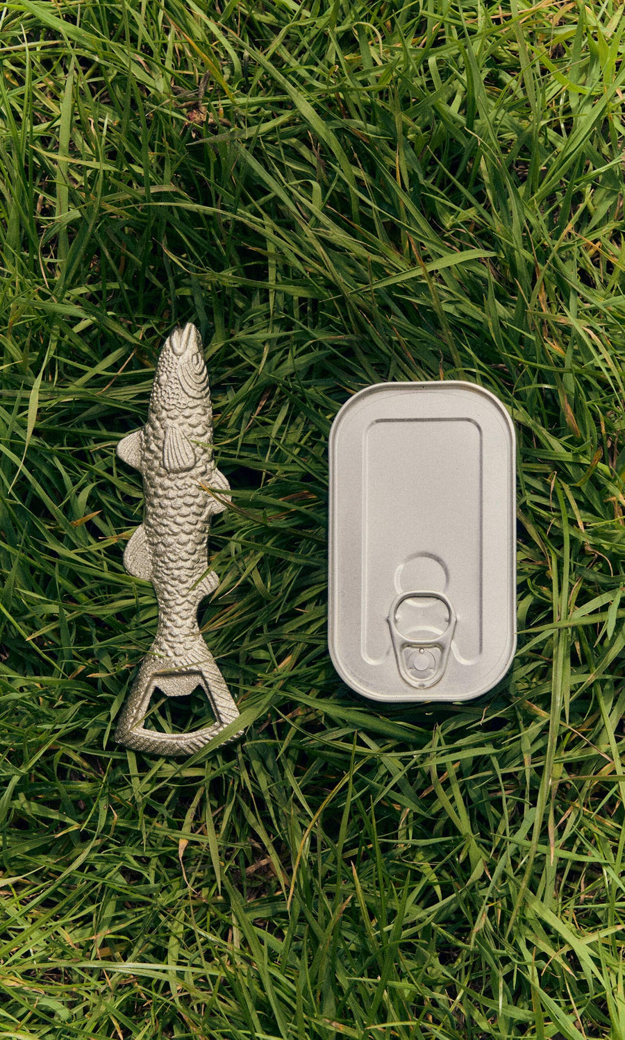 Plümo- A Fish Bottle Opener and a closed tin can rest side by side on green grass.