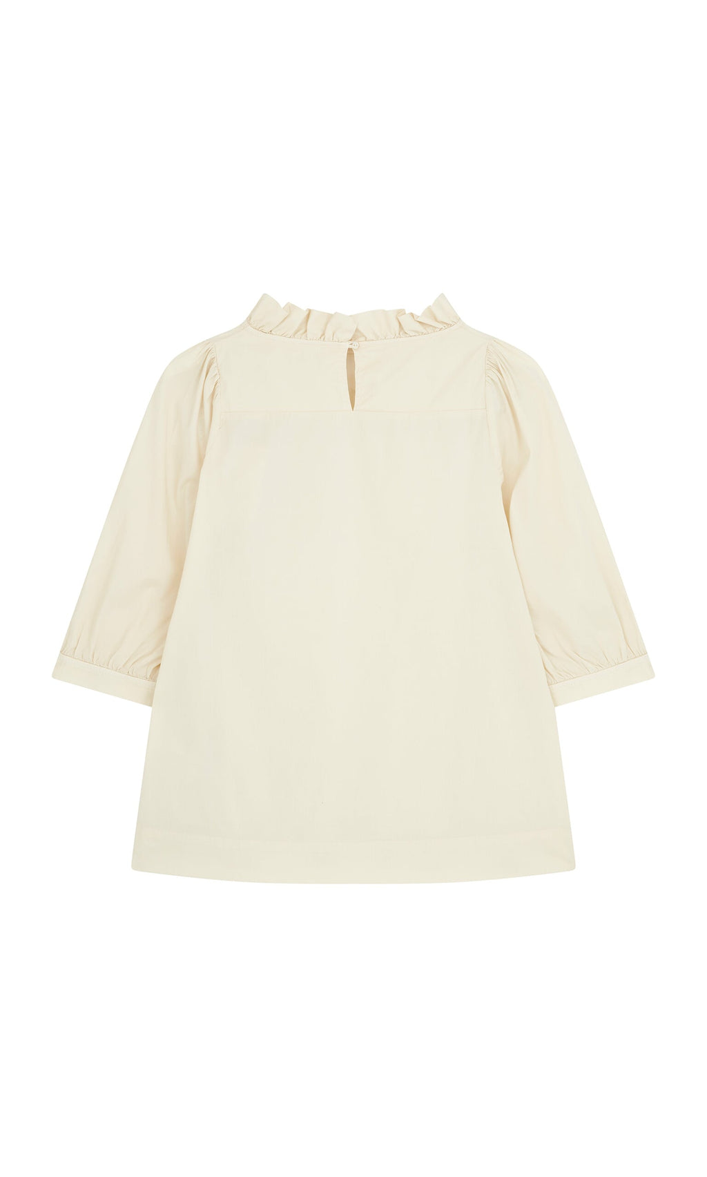 Plümo- Flint Blouse: Ivory cotton top with pie crust frill neck, long sleeves, and back keyhole button detail.