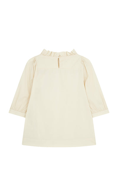 Plümo- Flint Blouse: Ivory cotton top with pie crust frill neck, long sleeves, and back keyhole button detail.