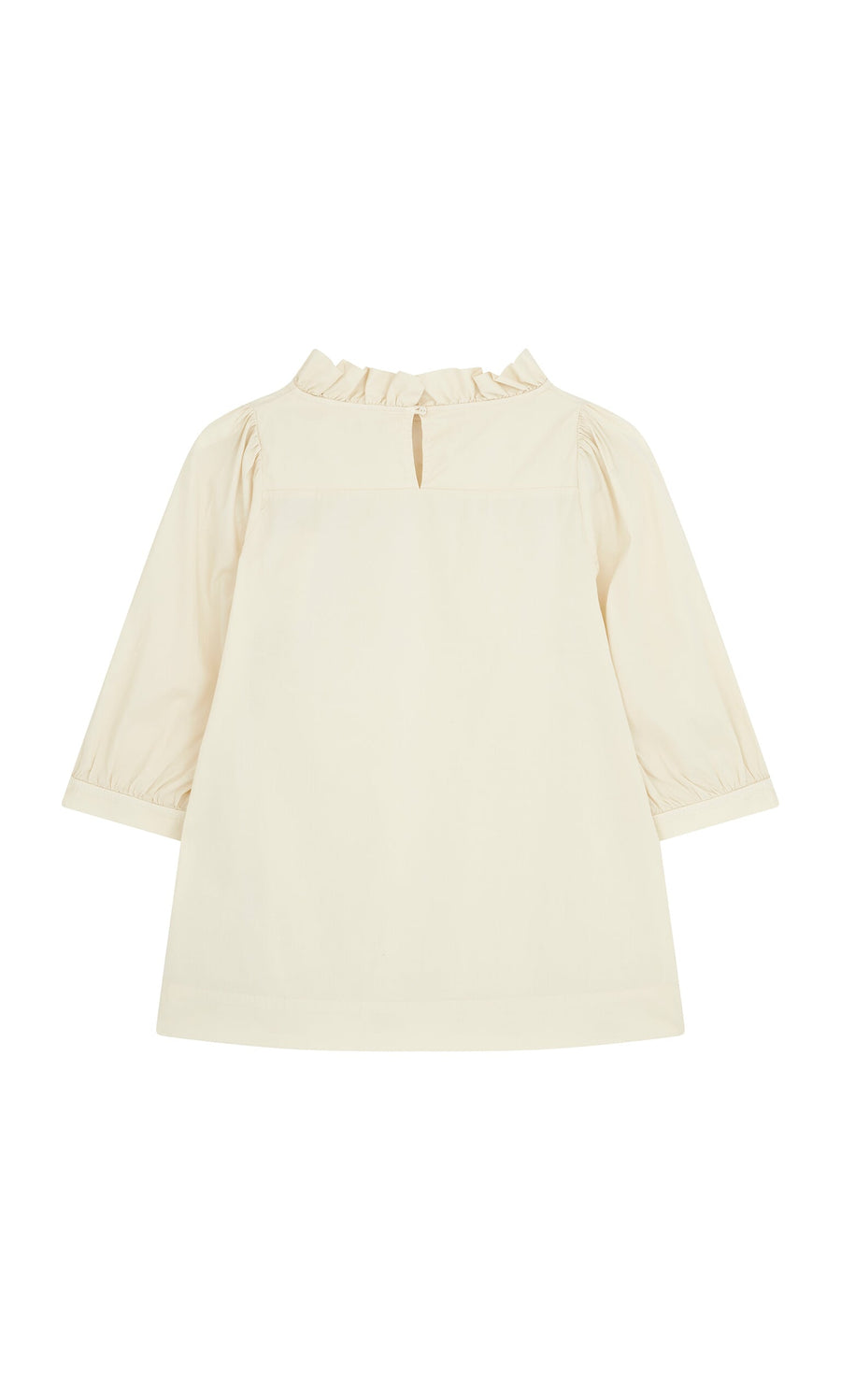 Plümo- Flint Blouse: Ivory cotton top with pie crust frill neck, long sleeves, and back keyhole button detail.
