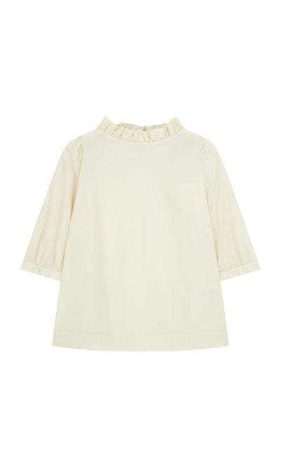 Plümo- Flint Blouse: ivory cotton with pie crust frill neckline and slightly flared sleeves, on a white background.