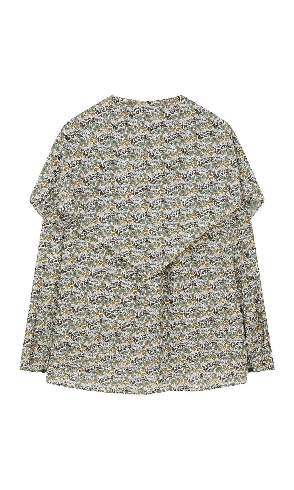 Plümo- Garden Blouse: Long-sleeve Liberty print with all-over floral pattern and a large draped back ruffle.