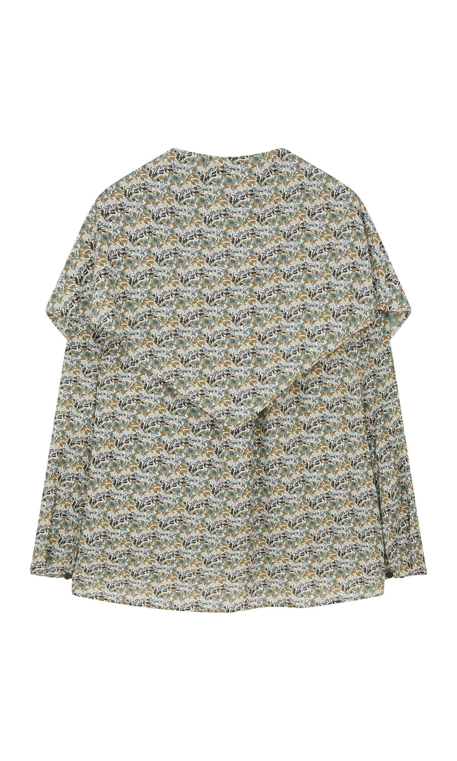 Plümo- Garden Blouse: Long-sleeve Liberty print with all-over floral pattern and a large draped back ruffle.