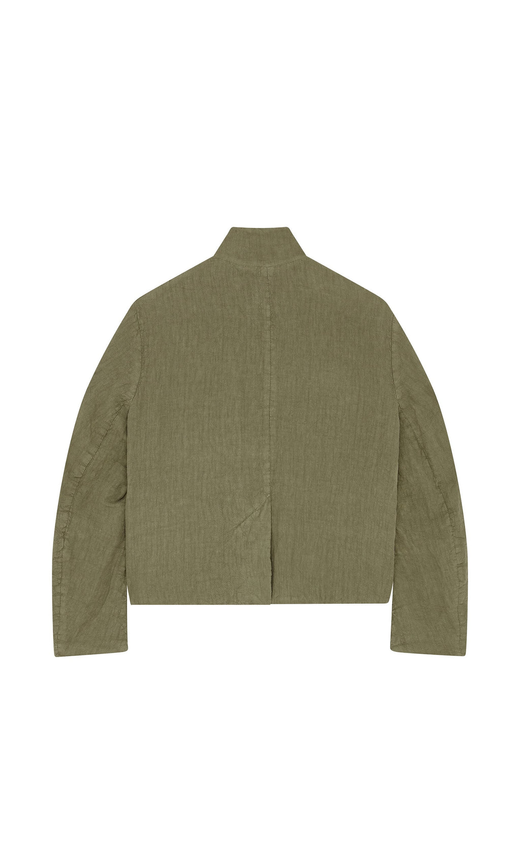 Plümo- Frances Jacket in olive green tumbled linen, Tyrolean style, shown from the back on a white background.
