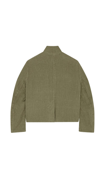 Plümo- Frances Jacket in olive green tumbled linen, Tyrolean style, shown from the back on a white background.