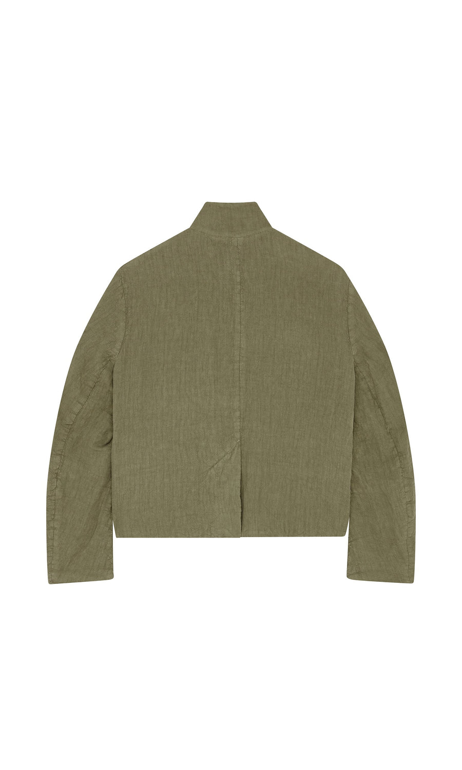 Plümo- Frances Jacket in olive green tumbled linen, Tyrolean style, shown from the back on a white background.