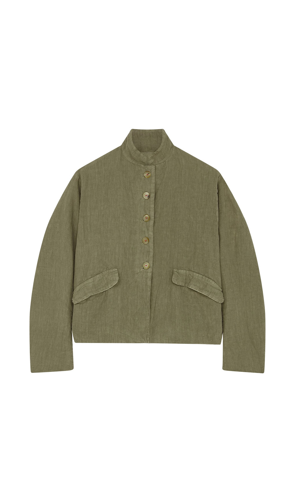 Plümo- Hannoh Wessel Frances Jacket in olive green tumbled linen with stand collar, button front, and slanted flap pockets.