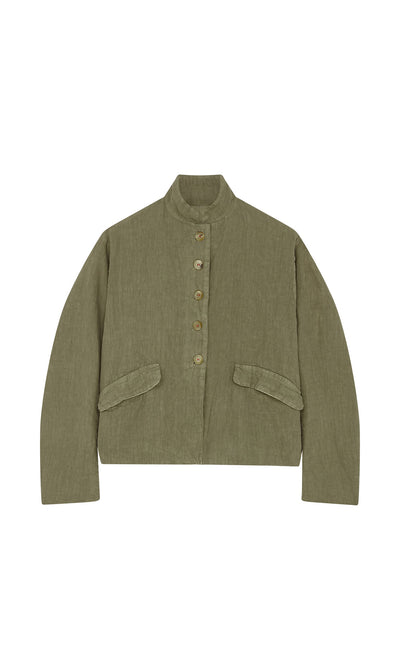 Plümo- Hannoh Wessel Frances Jacket in olive green tumbled linen with stand collar, button front, and slanted flap pockets.