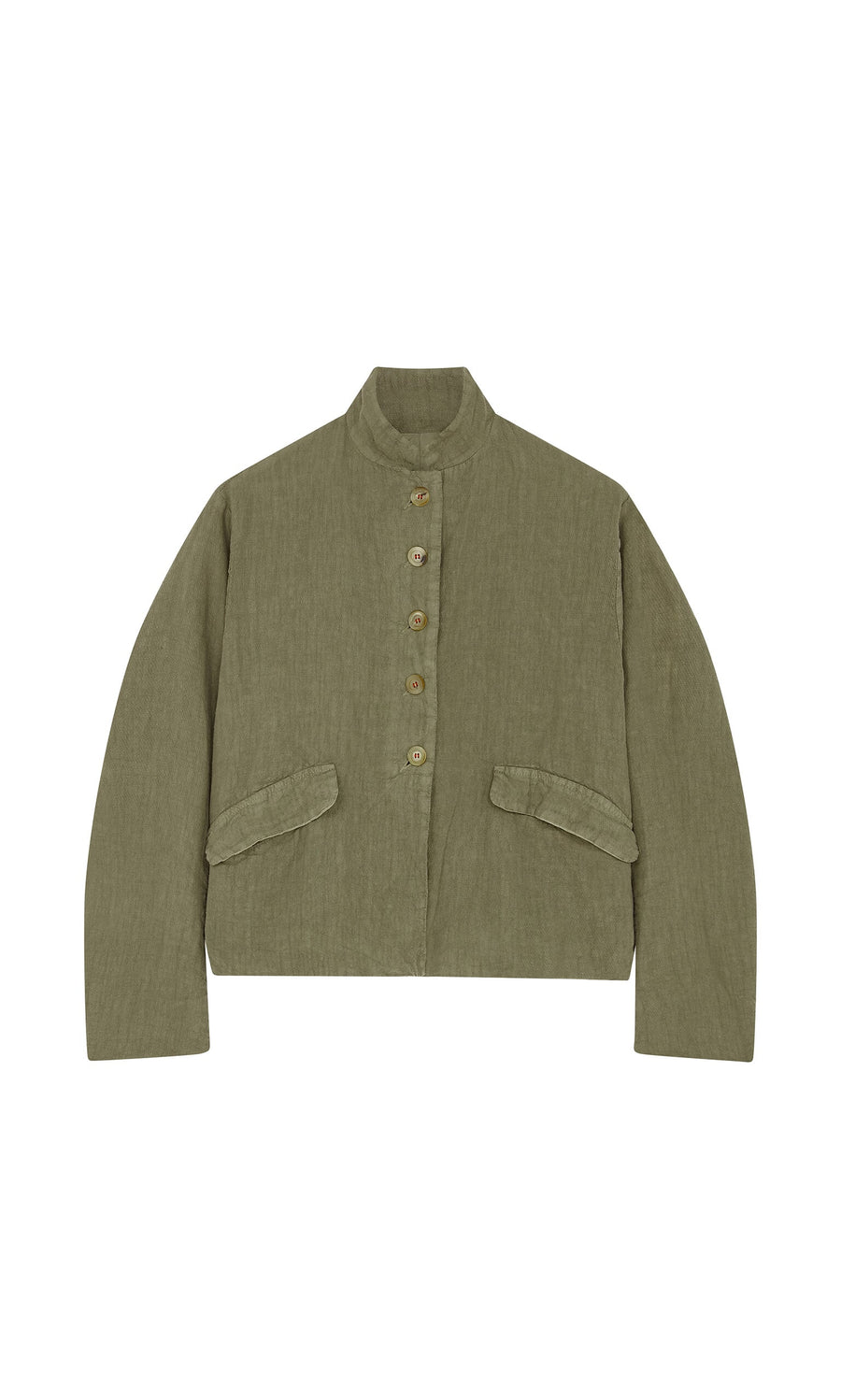 Plümo- Hannoh Wessel Frances Jacket in olive green tumbled linen with stand collar, button front, and slanted flap pockets.
