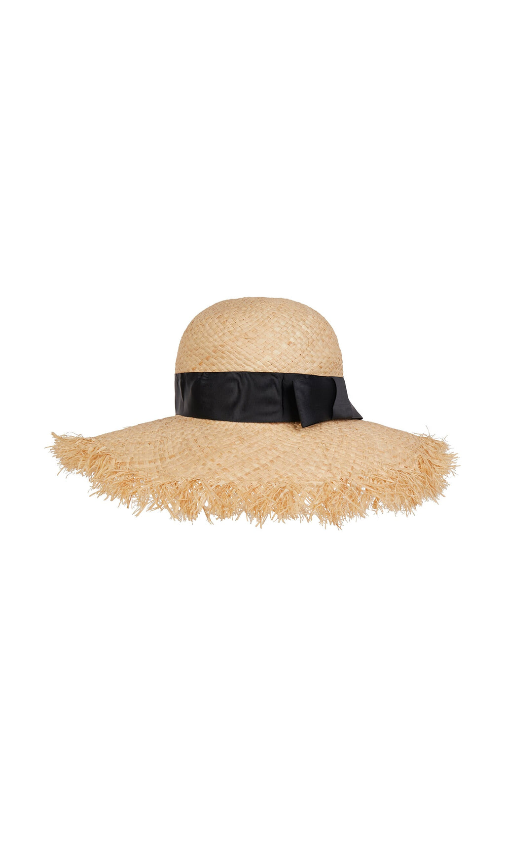 Plümo- Frayed Straw Hat with wide brim and black grosgrain ribbon around the crown.