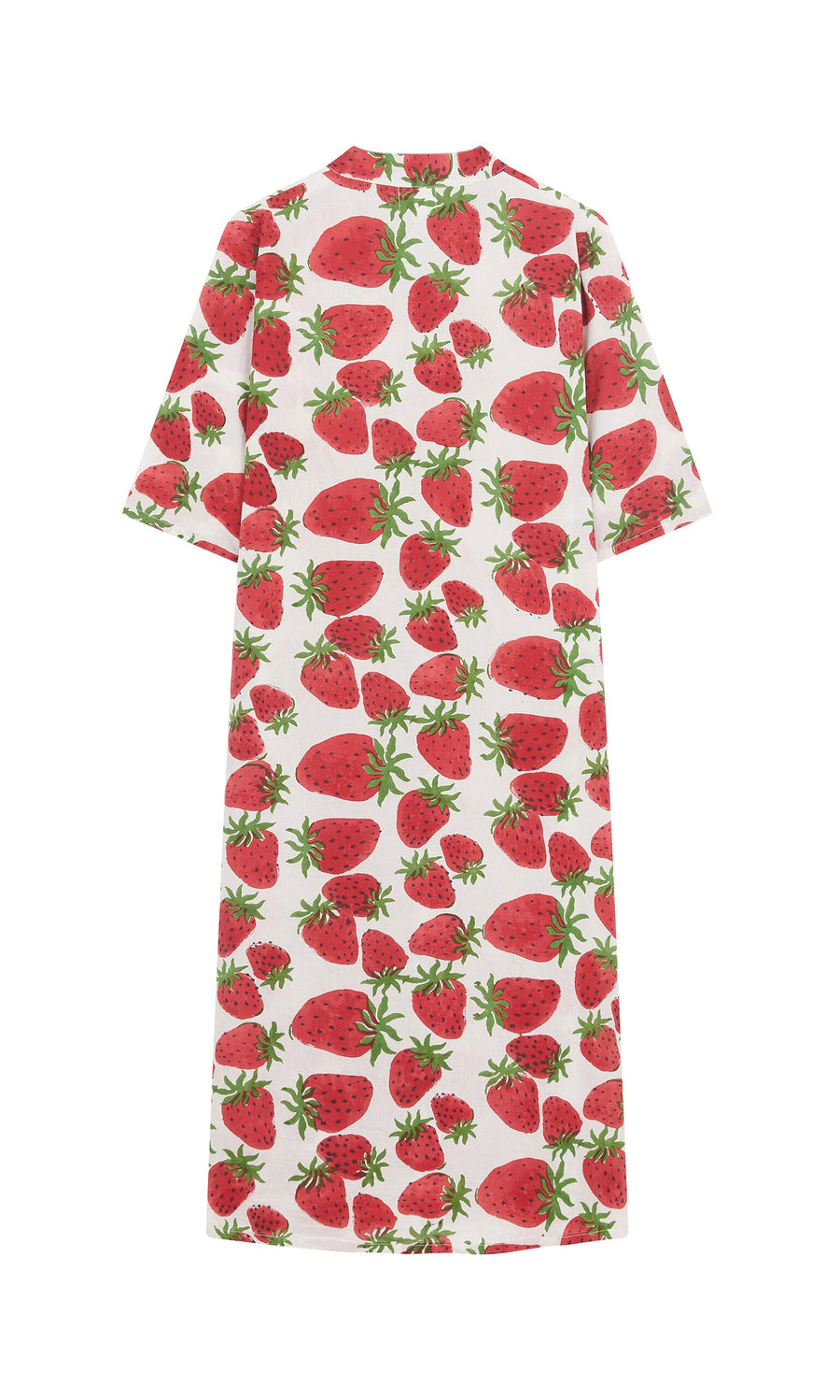 Plümo- The Fresa Dress is a white cotton voile shirt dress with a red strawberry and green leaf print, made in India.