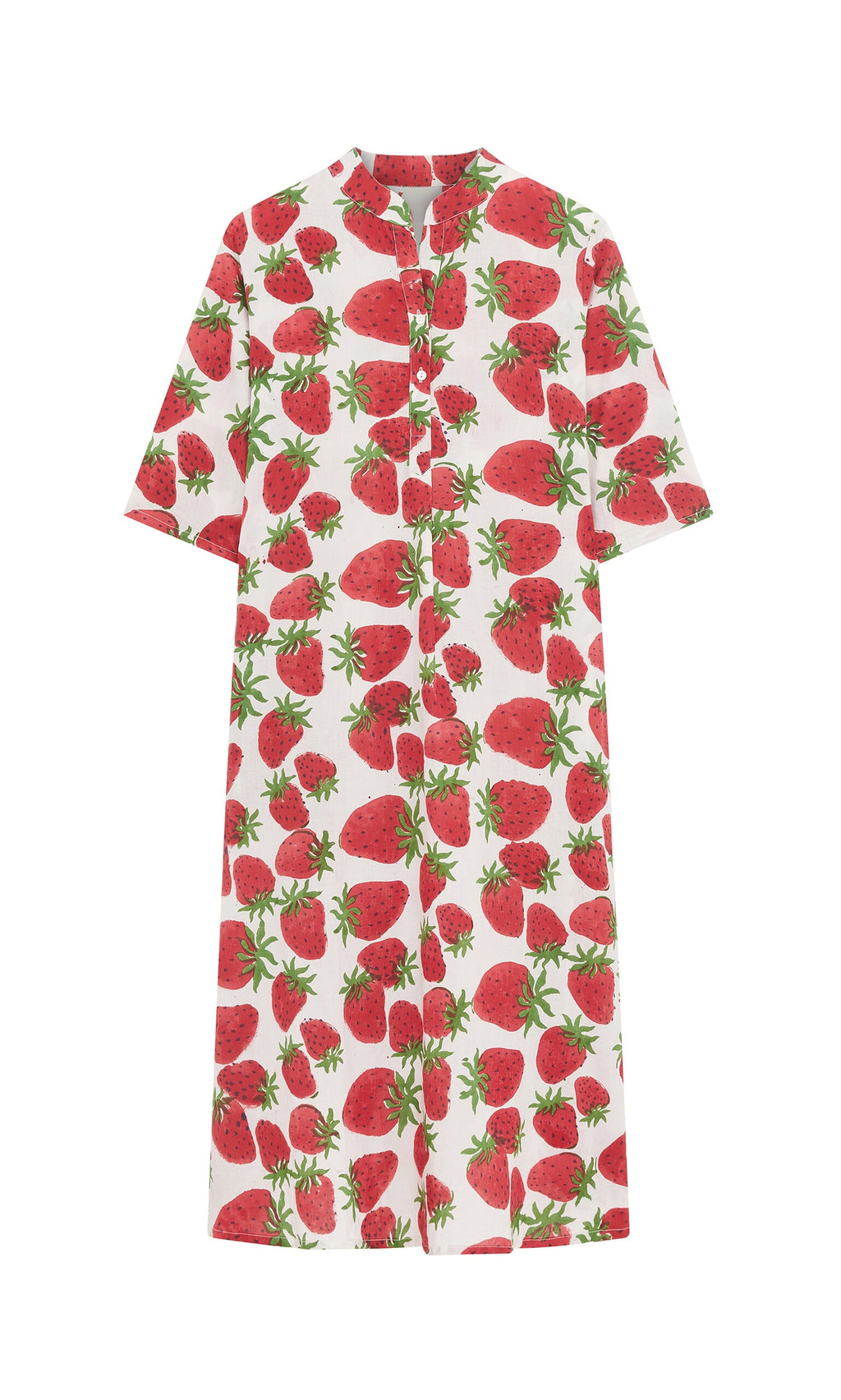 Plümo- The Fresa Dress is a white cotton voile shirt dress with short sleeves and a red strawberry block print, made in India.