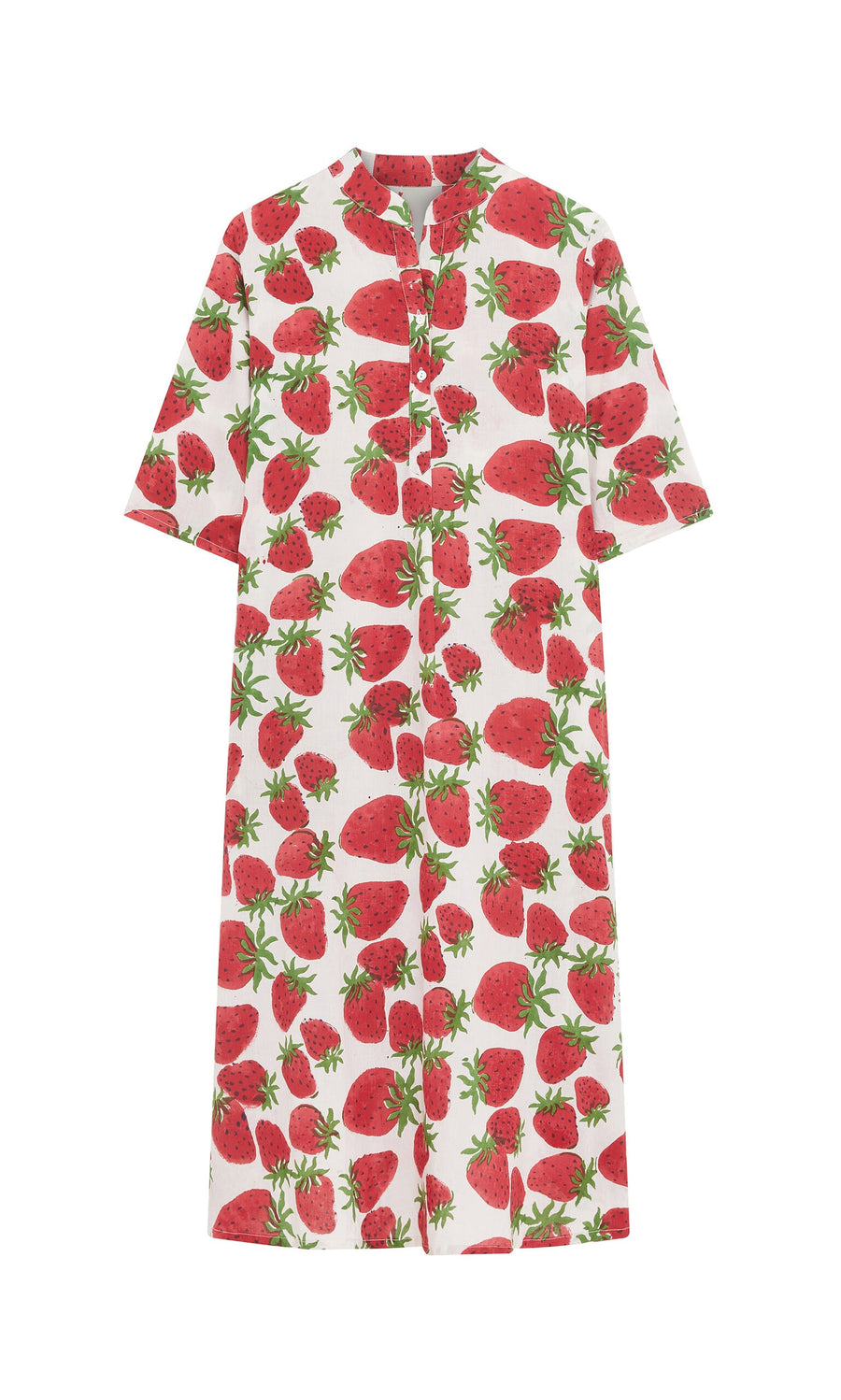 Plümo- The Fresa Dress is a white cotton voile shirt dress with short sleeves and a red strawberry block print, made in India.