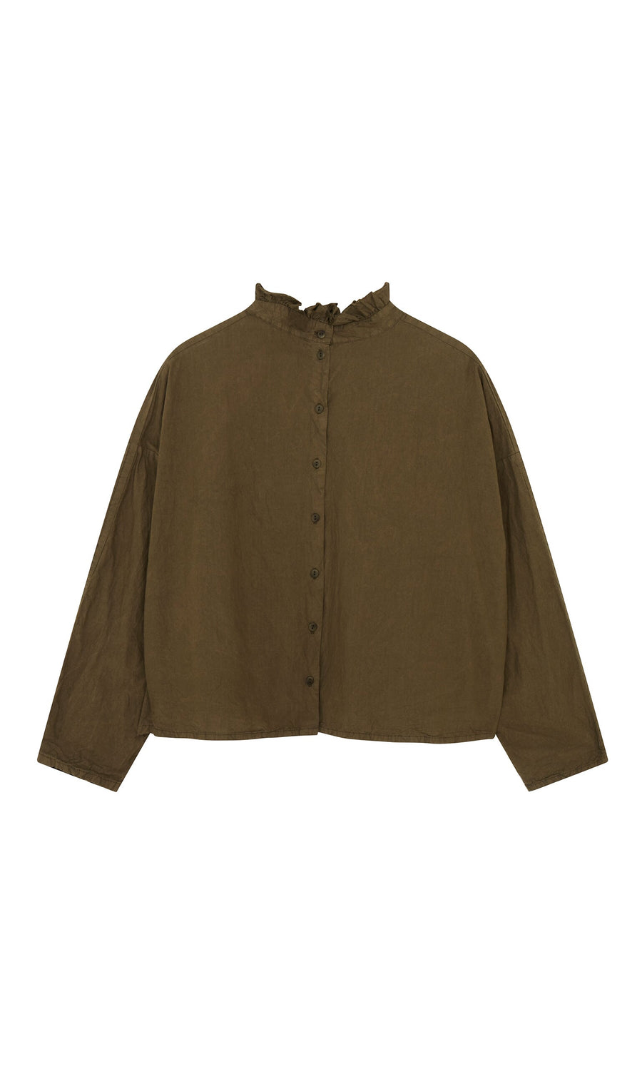 Plümo- The Frieda Blouse is a loose-fitting cotton top with a ruffle neck and long sleeves, shown on a white background.