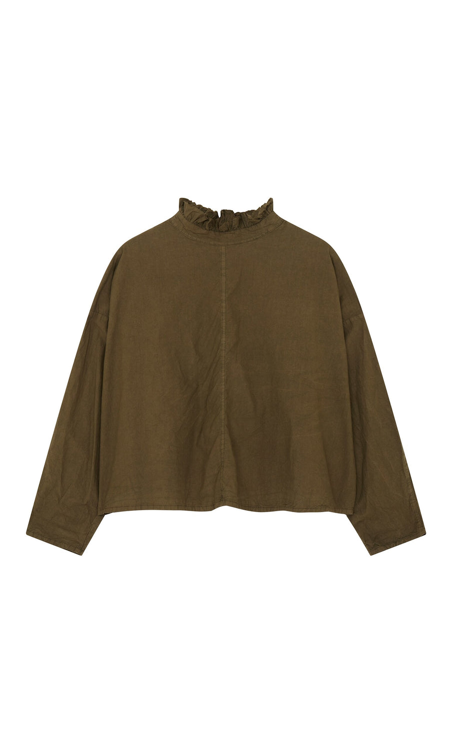 Plümo- Frieda Blouse: olive green cotton top with ruffle neck, relaxed fit, and long sleeves on white background.