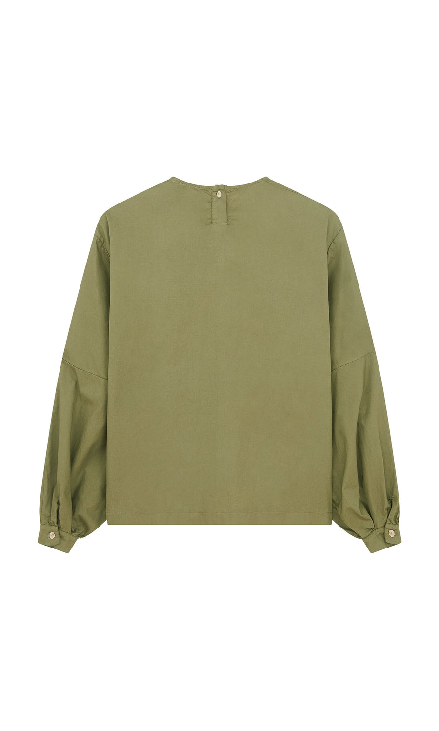Plümo- Gail Blouse - Calke Green: olive cotton twill with buttoned cuffs, voluminous silhouette, and small back neckline button.