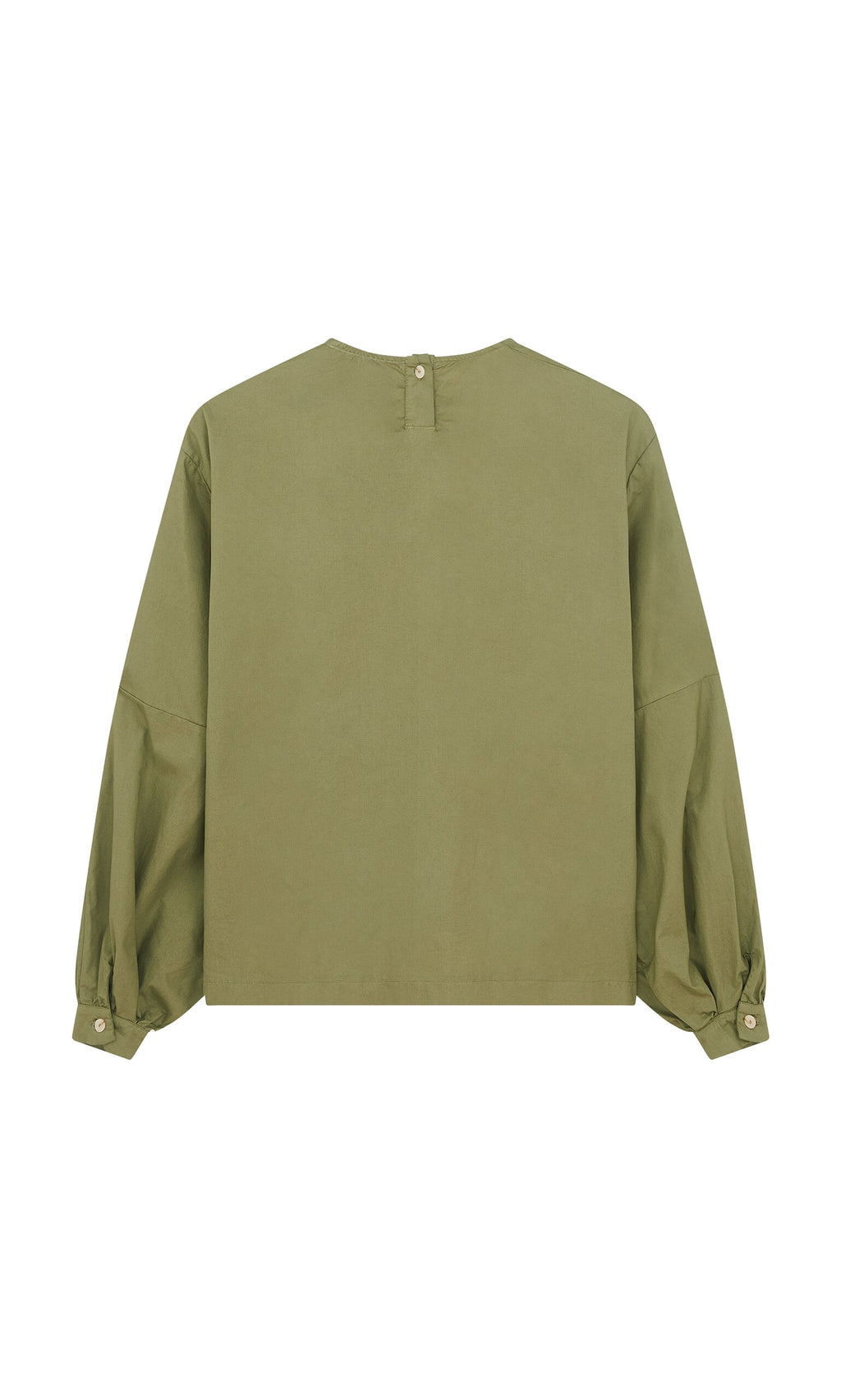 Plümo- Gail Blouse Calke Green - Seconds: Olive green cotton twill blouse with long sleeves and back button closure.