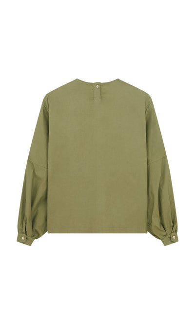 Plümo- Gail Blouse Calke Green - Seconds: Olive green cotton twill blouse with long sleeves and back button closure.