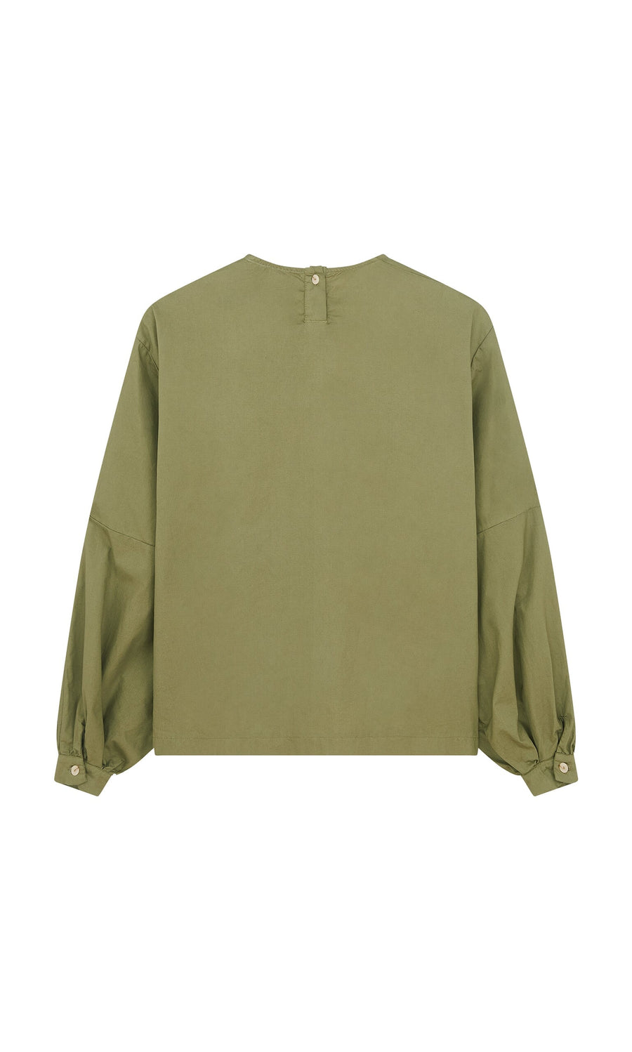 Plümo- Gail Blouse Calke Green - Seconds: Olive green cotton twill blouse with long sleeves and back button closure.