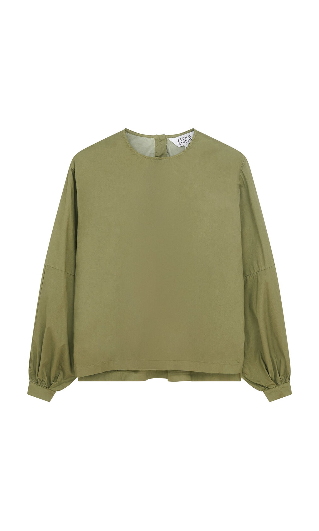 Plümo- Gail Blouse - Calke Green: Olive cotton twill, round neck, voluminous fit, back button closure.