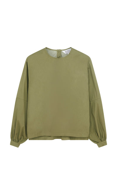Plümo- Gail Blouse - Calke Green: Olive cotton twill, round neck, voluminous fit, back button closure.