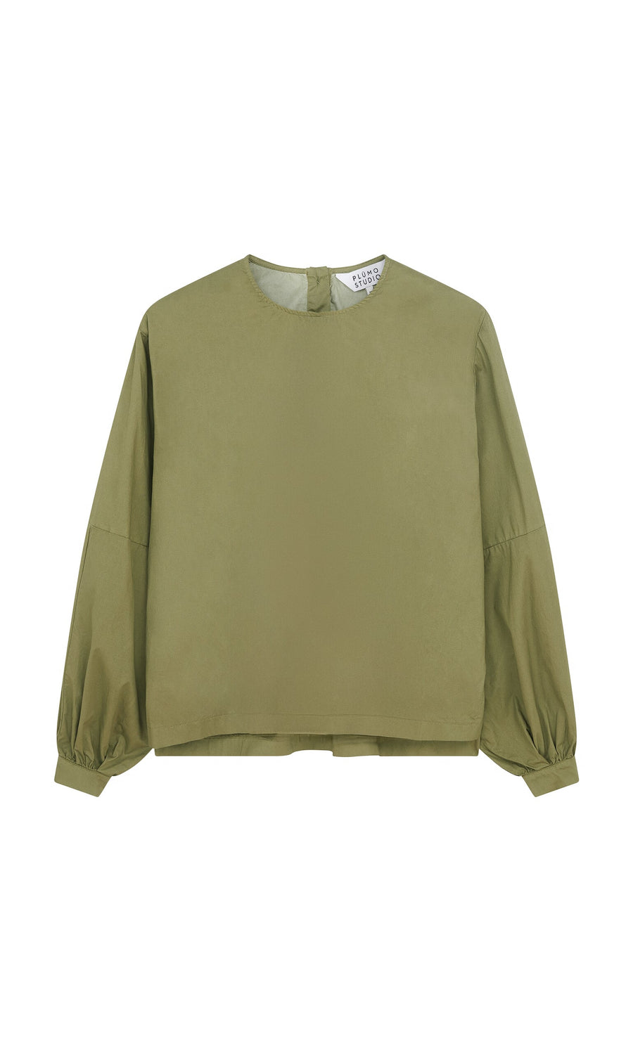 Plümo- Gail Blouse - Calke Green: Olive cotton twill, round neck, voluminous fit, back button closure.