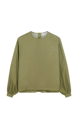 Plümo- Gail Blouse Calke Green - Seconds in cotton twill with round neck and buttoned cuffs, shown flat on white background.