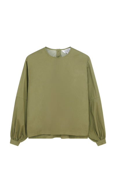 Plümo- Gail Blouse Calke Green - Seconds in cotton twill with round neck and buttoned cuffs, shown flat on white background.